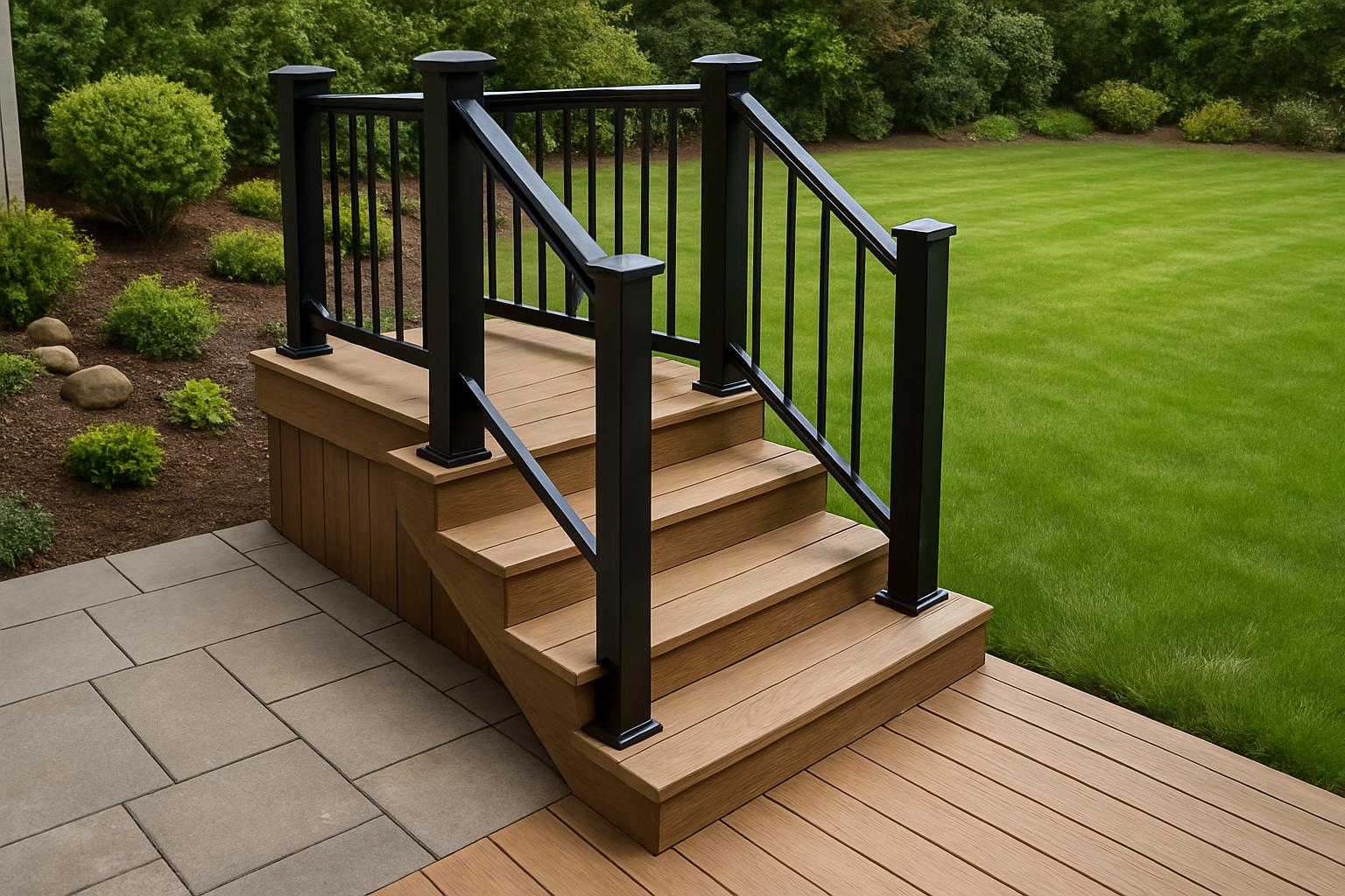 A backyard staircase with a wooden deck and railing, leading down to a lush green lawn and garden surrounded by bushes.